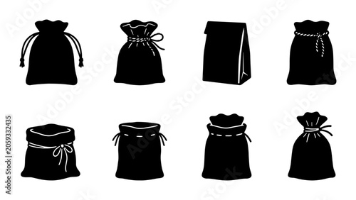 Φωτογραφία Collection of eight black silhouette drawstring bags and paper packaging, versat
