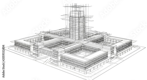 Modern open plan house interior perspective line art drawing with living room and dining room sketch