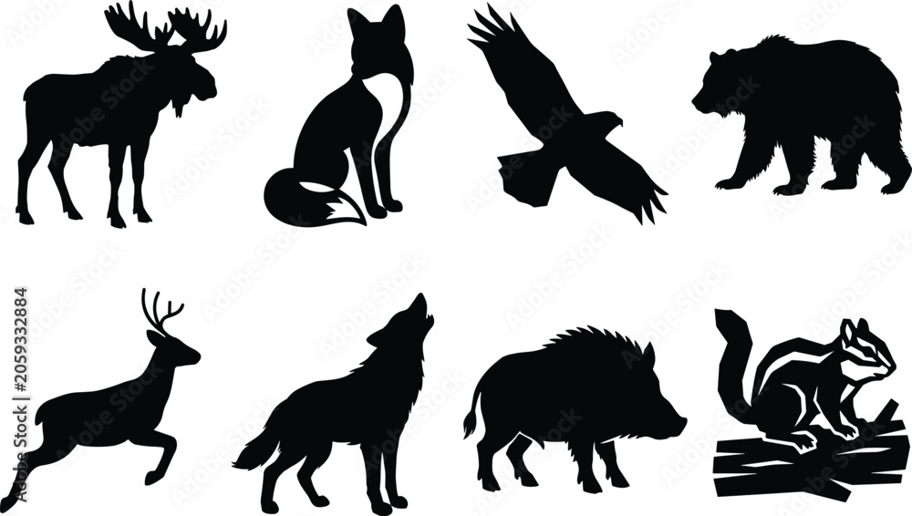 Obraz premium Wild forest animals silhouette vector set featuring moose, fox, flying eagle, grizzly bear, deer, and howling wolf for nature branding