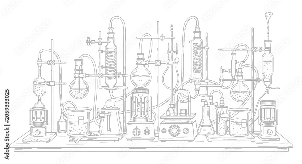 Obraz premium Highly detailed line art illustration of a complex chemistry laboratory setup with glassware and scientific apparatus