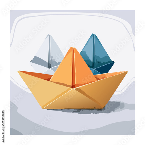 Origami paper boat with sailboats in flat design