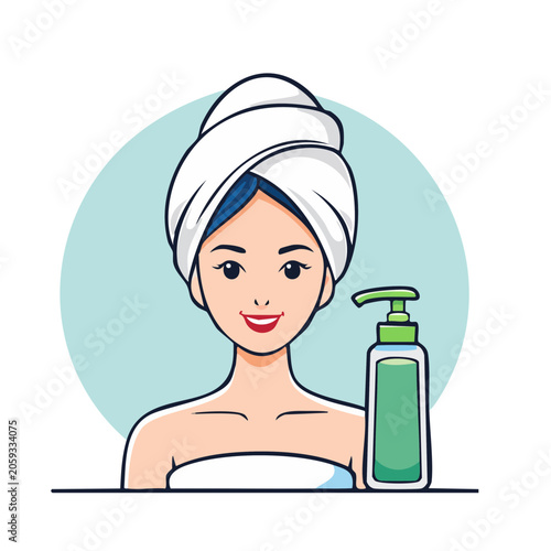 Woman with towel and soap dispenser illustration