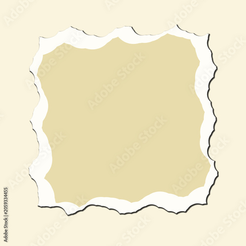 Minimalist paper ripped frame with beige center and white border for modern graphic design layout template on light plain background.
