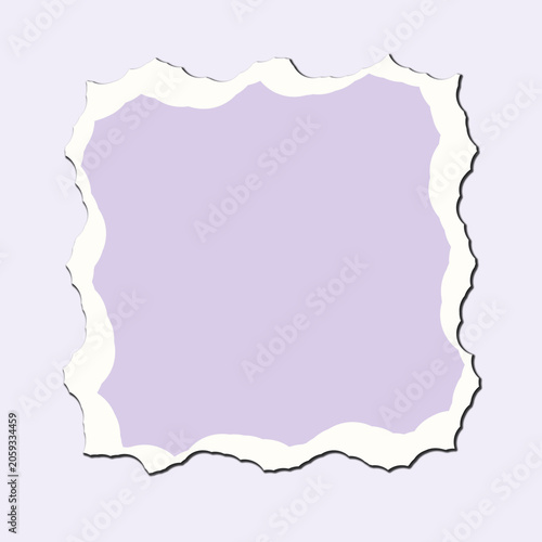 Minimalist paper ripped frame with lavender center and white border for modern graphic design layout template on light plain background.