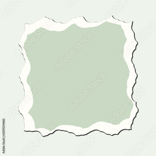 Minimalist paper ripped frame with sage green center and white border for modern graphic design layout template on light plain background.