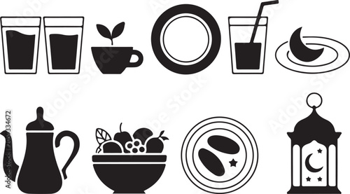 Ramadan Kareem icon set featuring traditional lantern food dates tea teapot fruit bowl glass of water crescent moon and plate on transparent background.