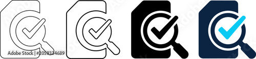 Set of document verification icons, search and checkmark symbol editable line icons and editable vector illustration