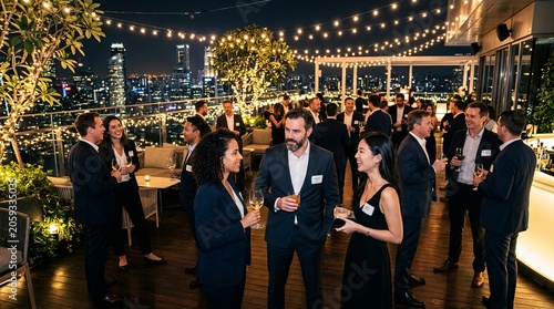 Business people networking at a rooftop party with city skyline views at night