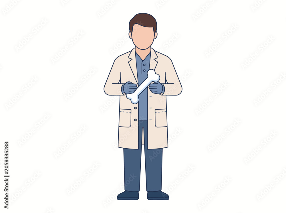 Fototapeta premium Medical specialist holding a human bone for clinical examination and orthopedic research purposes to identify skeletal issues while wearing professional garments and protective gloves for