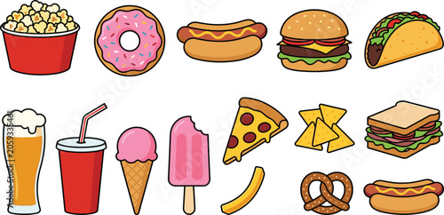 Fast food and junk food cartoon vector illustration set featuring burger pizza slice hot dog taco popcorn donut sandwich french fry nachos and soda
