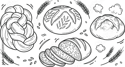 Konstfotografi Bakery bread line art vector illustration set with sourdough challah sliced loaf wheat ears hand drawn design elements