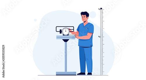 Medical Professional Weighing Patient on Scale, Height Measurement