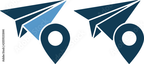 Vászonkép Vector illustration of paper airplane and location pin icons in blue shades