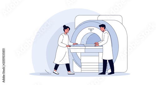 Medical Professionals Operating MRI Scanner in Hospital Clinic, Modern Healthcare Technology Illustration
