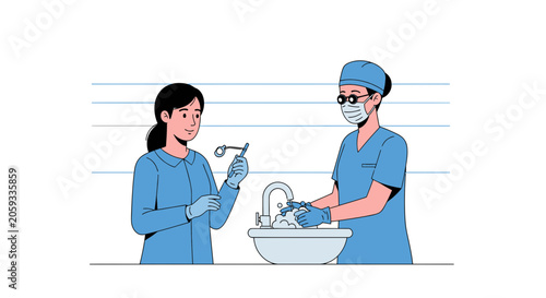 Medical professionals in blue scrubs washing hands and holding surgical instrument, illustration style