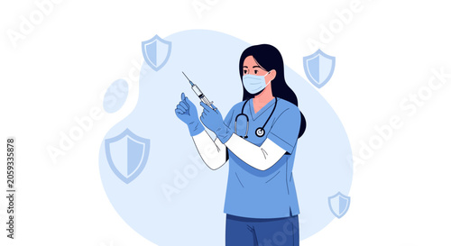 Medical Professional with Syringe and Shields, Representing Vaccination and Healthcare Protection