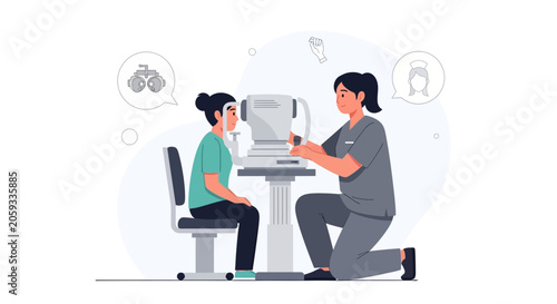 Ophthalmologist examining a patient's eyes with specialized equipment, vector illustration.
