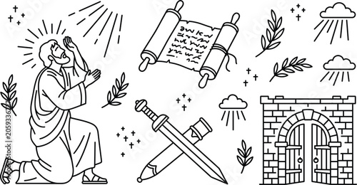 Tableau sur toile Biblical vector illustration set line art drawing with praying man scroll sword