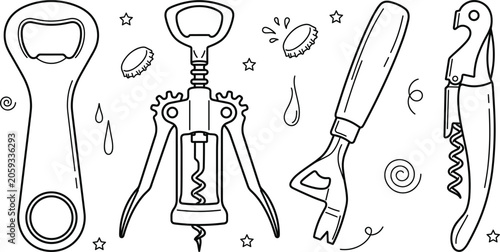 Foto Bottle opener vector icon set featuring winged corkscrew sommelier knife can ope