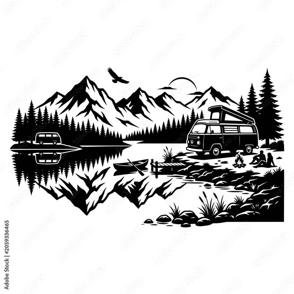 Fototapeta premium Camper Van Camping by Mountain Lake at Sunset with Reflection