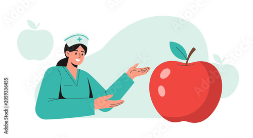Nurse presenting a healthy apple, concept of healthy lifestyle and medical advice