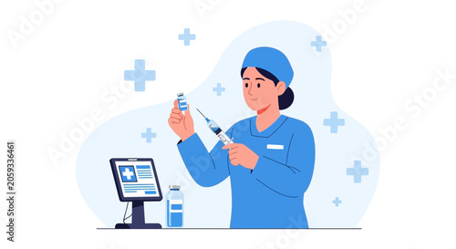 Nurse preparing vaccine injection with syringe and vial, modern medical illustration concept