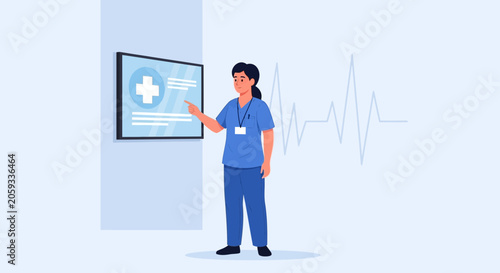 Nurse Presenting Medical Information on Screen with Heartbeat Graphic