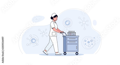 Nurse pushing a medical cart with test tubes, surrounded by abstract science and molecular graphics