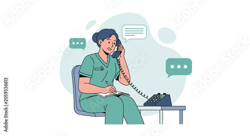 Nurse taking notes while talking on a landline phone, illustrating communication and healthcare support