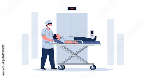 Nurse Transporting Patient on Stretcher Towards Elevator in Modern Hospital Setting