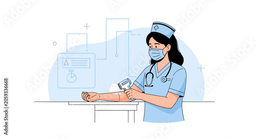 Nurse Using Infrared Thermometer on Patient's Forehead for Temperature Check in Modern Medical Clinic