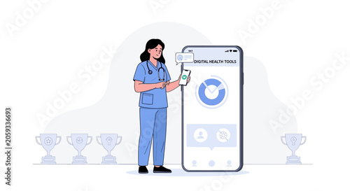 Nurse using digital health app on smartphone with trophies symbolizing achievement and success in healthcare technology
