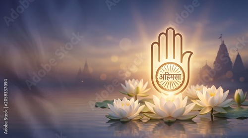 Paryushan Parva, sacred Jain symbol illuminated by golden spiritual light with blooming white lotus flowers