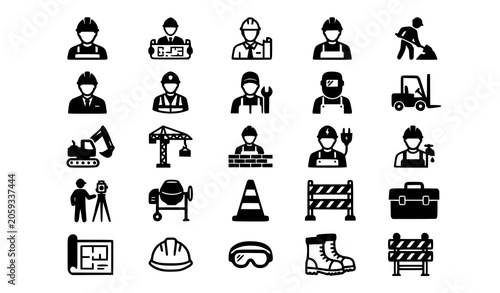 Εκτύπωση καμβά Modern Black Construction Worker Icon Set with Builder Engineer and Safety Symbo