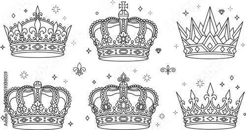 Foto Crown line art vector set with royal imperial king queen majestic luxury tiara c