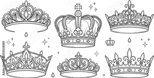 Konstfotografi Crown line art vector set with royal imperial king queen tiara diadem luxury maj