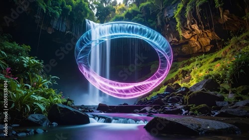 Scenic waterfall with glowing neon ring amidst lush greenery
