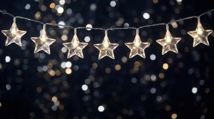 Glowing star shaped fairy lights hanging against a dark bokeh background