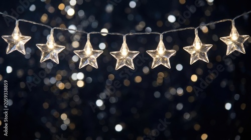 Glowing star shaped fairy lights hanging against a dark bokeh background