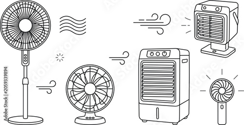 Foto Electric fan line art vector set with air cooler conditioner heater handheld des