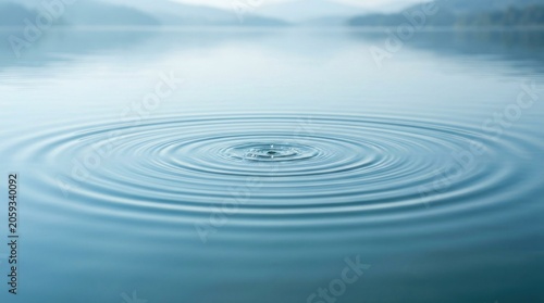 A single drop of water creates concentric ripples on a calm lake. The ripples spread outwards, distorting the reflection of the distant mountains.