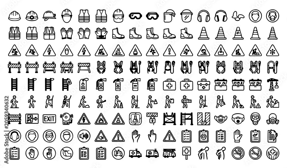Fototapeta premium Untitled design - 1 100 Construction Safety Outline Icons Pack for Workplace Protection and Industrial Sites