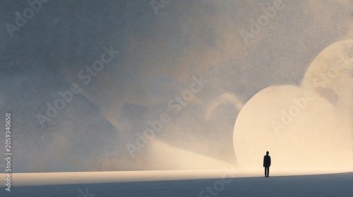 Solitary figure in vast, ethereal landscape at sunset, contemplating the horizon.