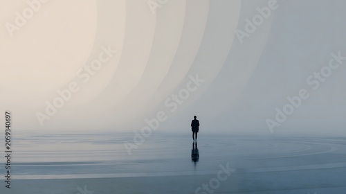Solitary Figure Walking on a Vast, Reflective Surface Under a Muted Sky.