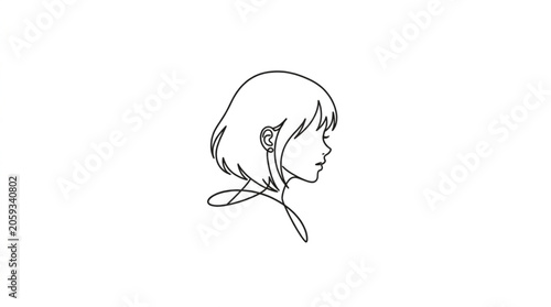 Minimalist One-Line Art Anime Girl Profile with Bob Hair and Earring