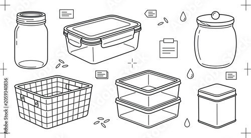 Fotografie Food storage container vector icon set featuring mason jar pantry organizer bask