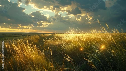 Sunlight streams through clouds, illuminating tall grasses in a field