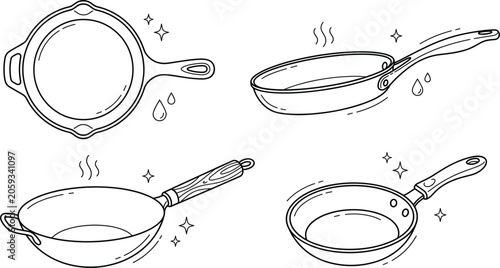Foto Frying pan and wok doodle line icon set featuring cast iron skillet nonstick cookware kitchen cooking utensils collection