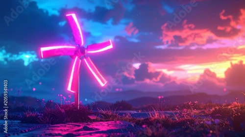 Neon windmill glowing in vibrant twilight over landscape