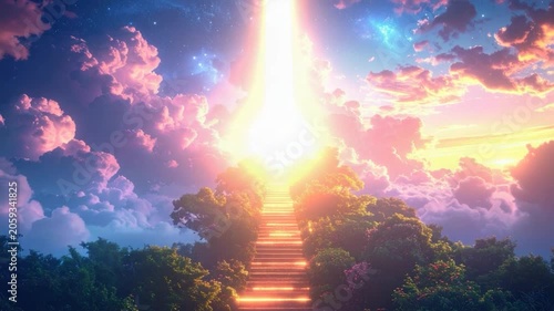 Stairway ascends through trees, into light. Clouds form a dreamy, celestial scene